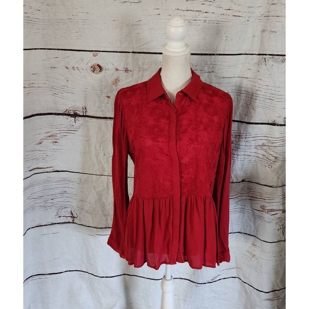 Sundance Long‎ Sleeve Ruffle Hem Embroidered Top Size Medium